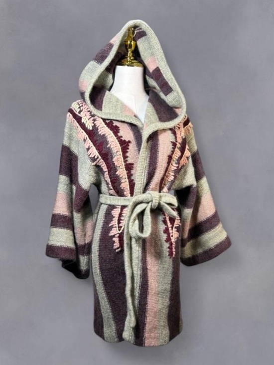 Lois Anderson Sweaters - Vintage 70s boho twee tie waist striped embroidered hooded cardigan sweater M